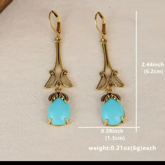 Gold-Tone Drop Earrings with Turquoise Teardrops — Women's Jewelry - Picture 4 of 5
